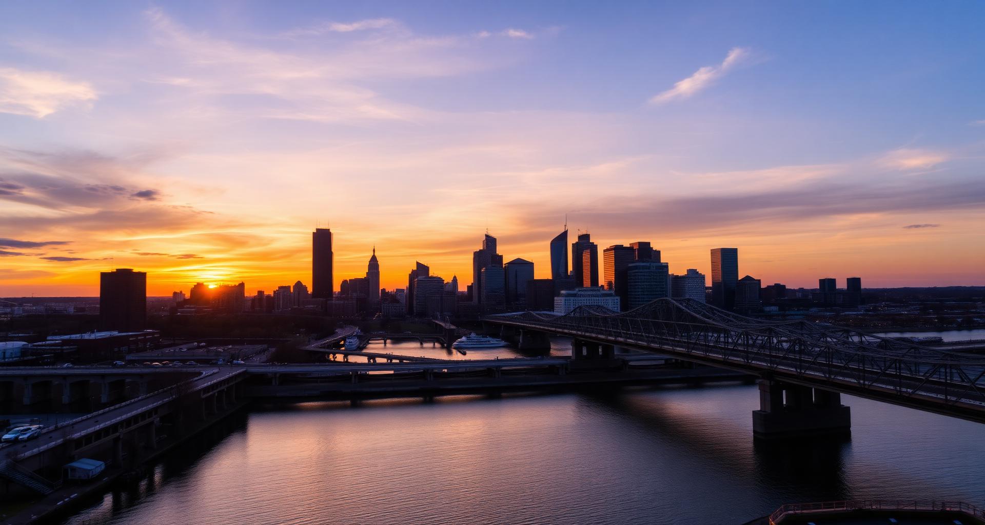 Hernando de Soto Bridge and Memphis skyline at sunset